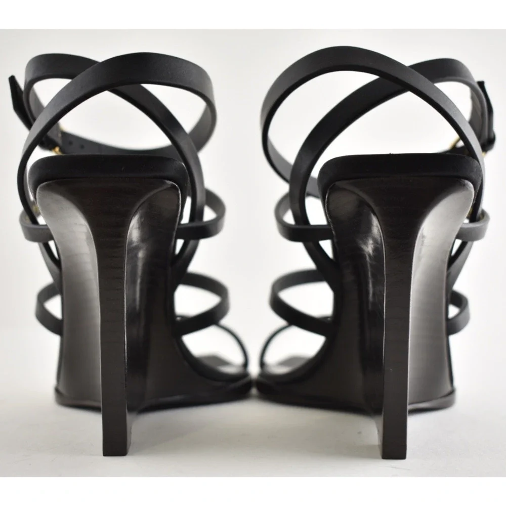 Saint Laurent YSL Logo Cassandra 90 Black Ankle Strap Wedge Sandal Heel 38.5